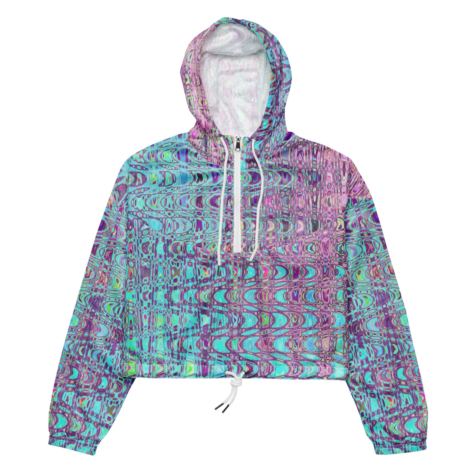 Women’s Cropped Windbreaker | Abstract Aqua and Purple Retro Boomerang Waves