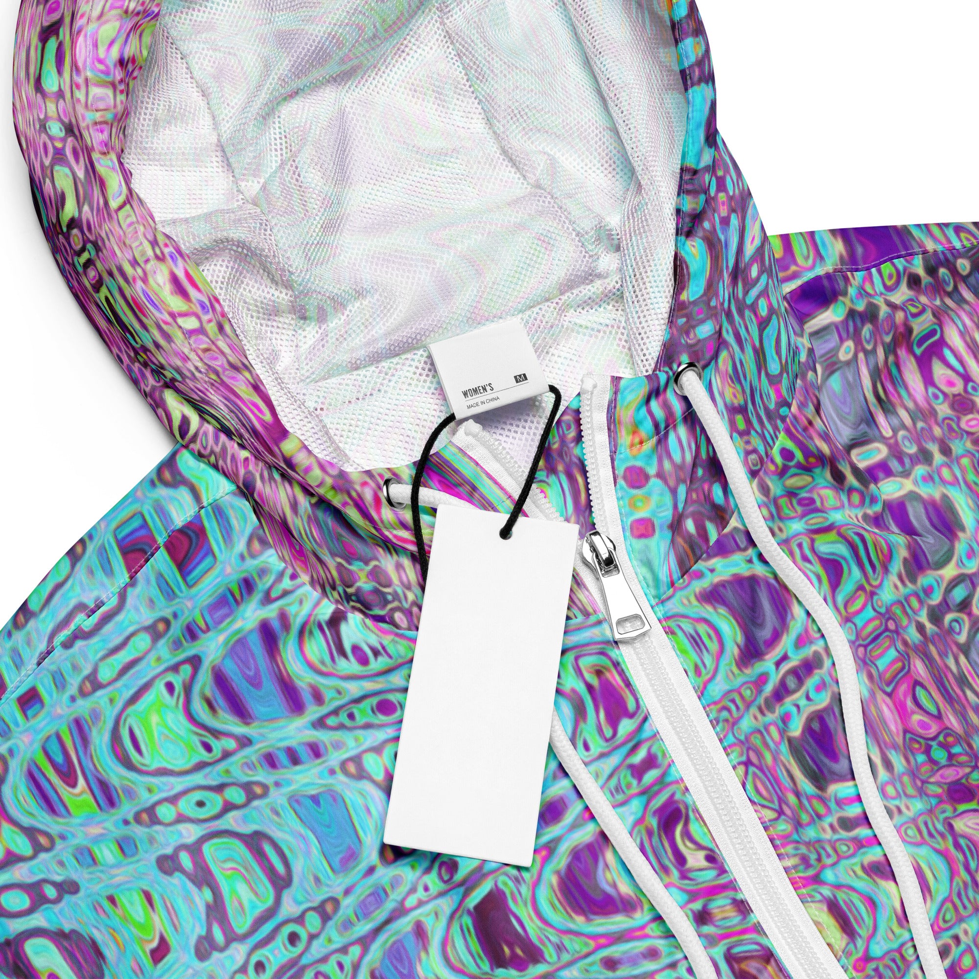 Women’s Cropped Windbreaker | Abstract Aqua and Purple Retro Boomerang Waves