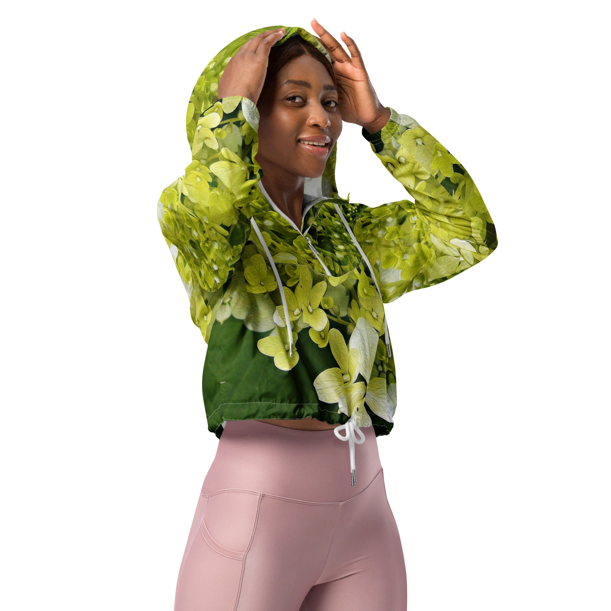 Women’s Cropped Windbreaker | Elegant Chartreuse Green Limelight Hydrangea