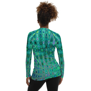 Women's Rash Guard Shirts | Cool Abstract Green and Black Atomic Retro Zigzags