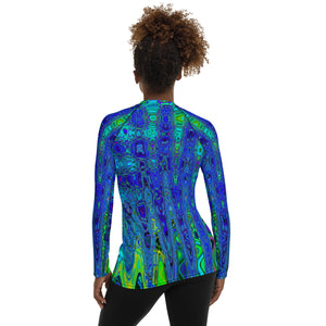 Women's Rash Guard Shirts | Trippy Violet Blue Abstract Retro Atomic Waves