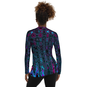 Women's Rash Guard Shirts | Retro Aqua Magenta and Black Abstract Atomic Waves