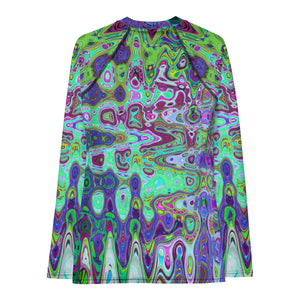 Women's Rash Guard Shirts | Abstract Green and Purple Wavy Mosaic Retro