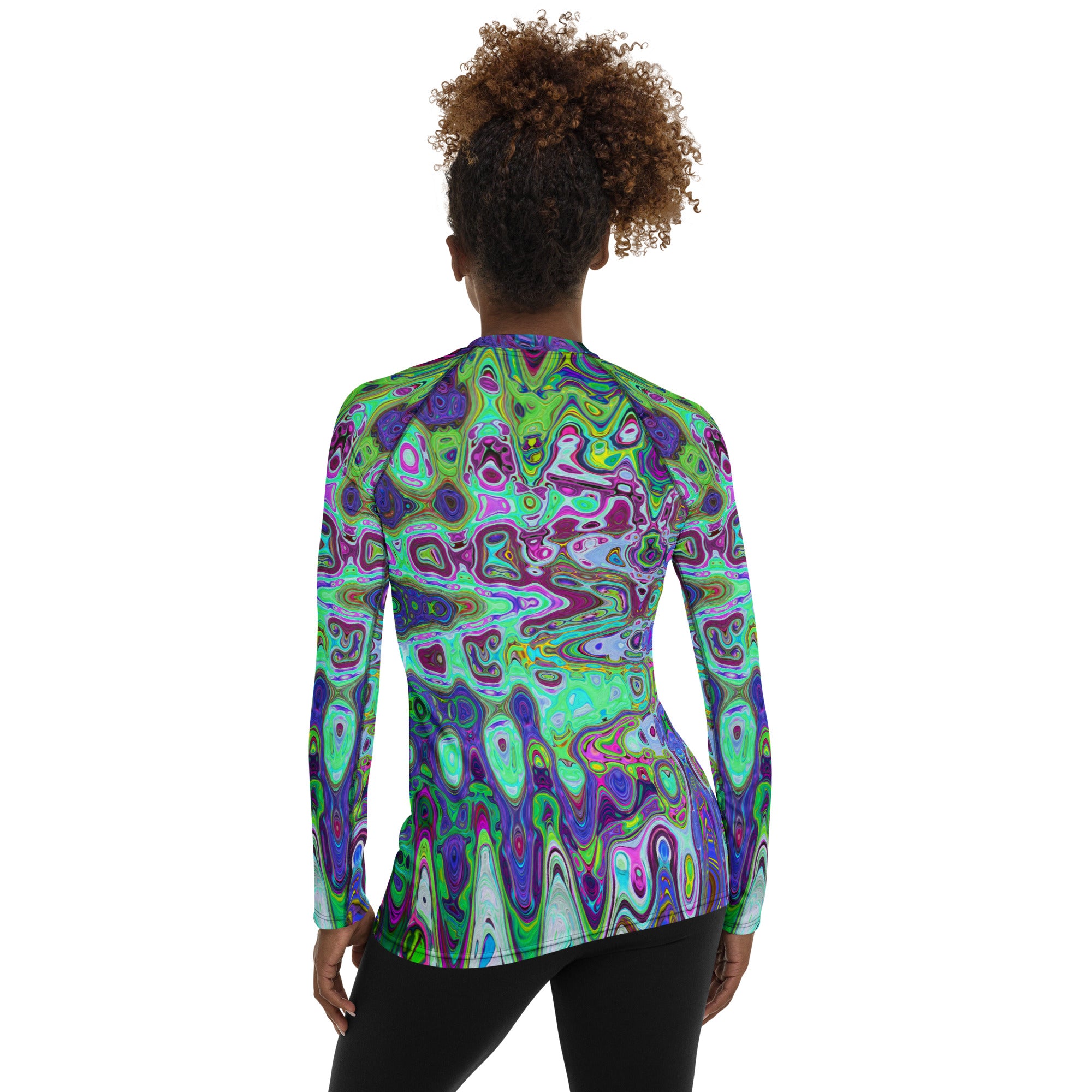 Women's Rash Guard Shirts | Abstract Green and Purple Wavy Mosaic Retro