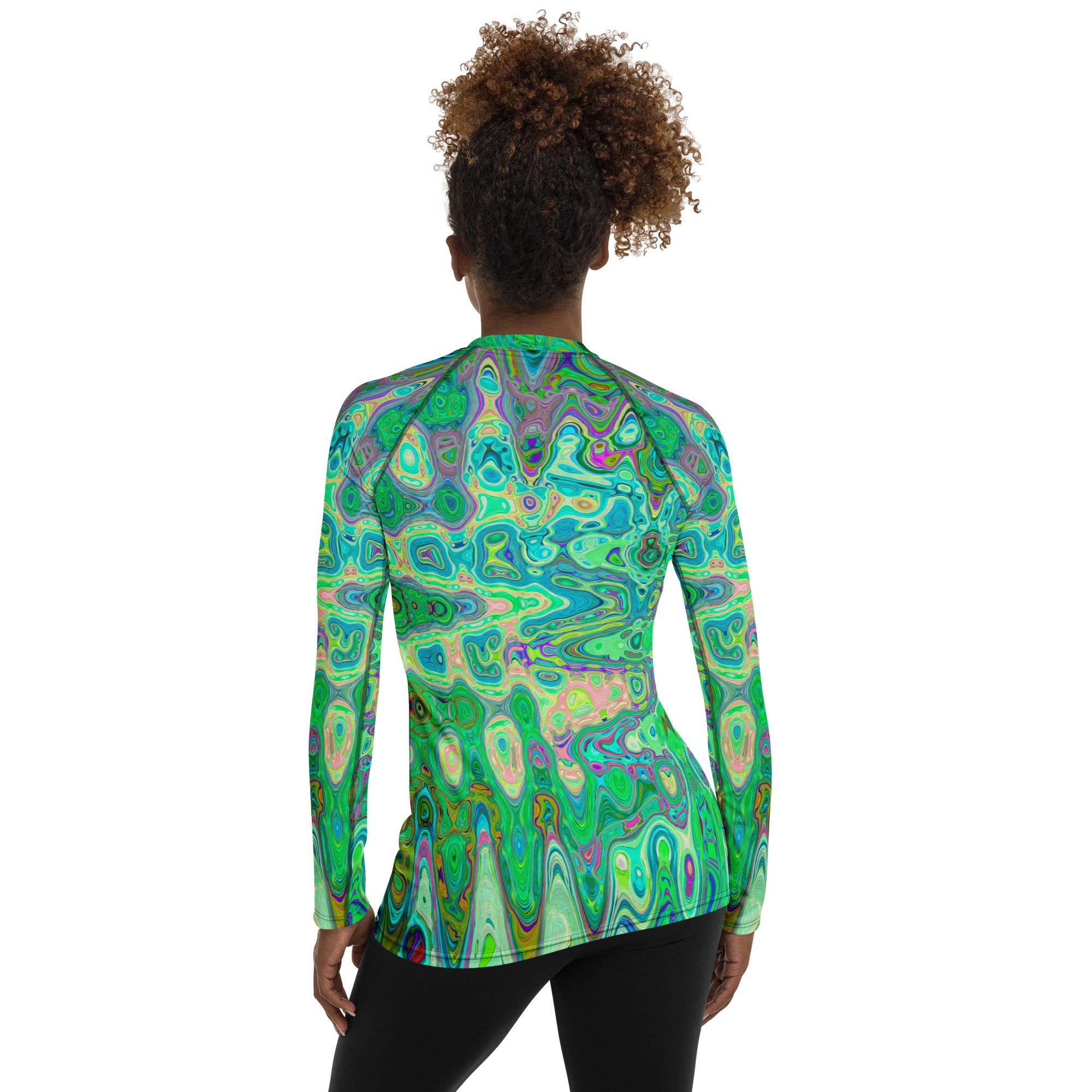 Women's Rash Guard Shirts | Abstract Colorful Green Wavy Mosaic Retro