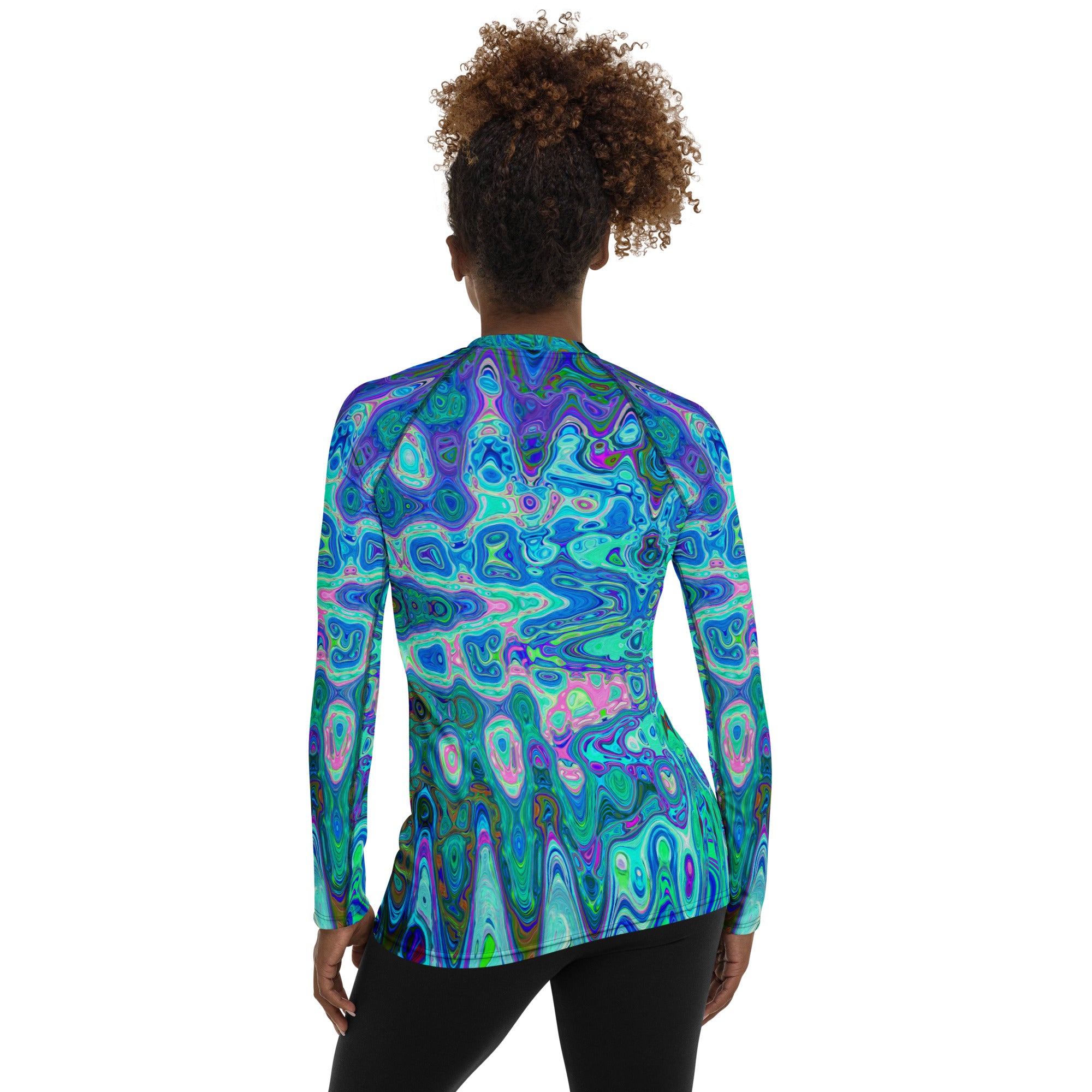 Women's Rash Guard Shirts | Abstract Colorful Blue Wavy Mosaic Retro