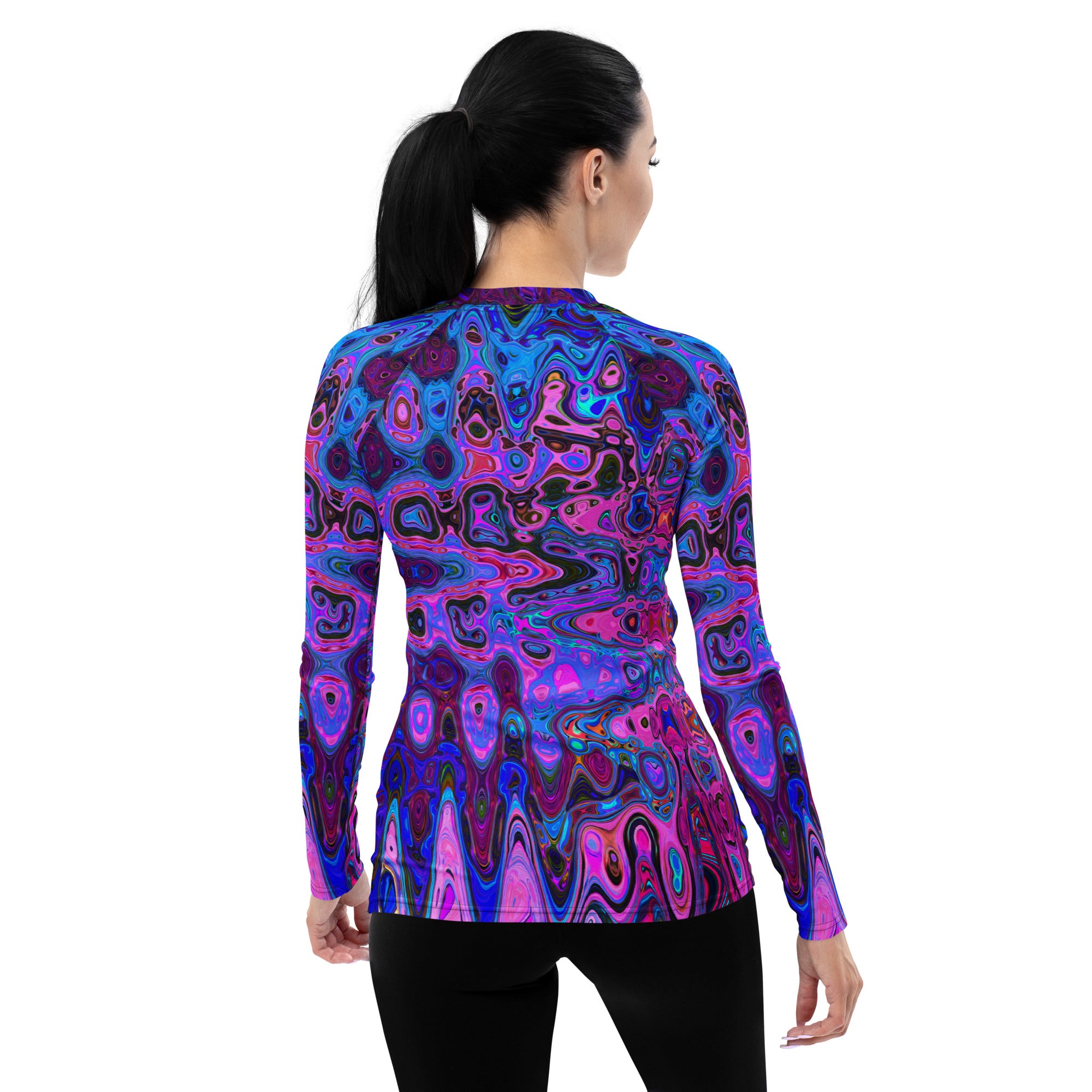 Women's Rash Guard Shirts | Abstract Mosaic Pink and Blue Wavy Retro