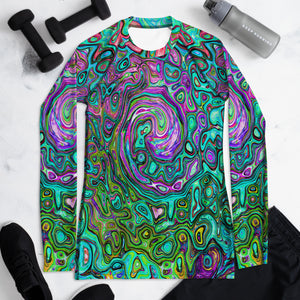 Women's Rash Guard Shirts - Aquamarine Groovy Abstract Retro Liquid Swirl