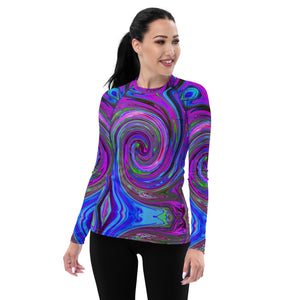 Women's Rash Guard Shirts - Colorful Magenta Swirl Retro Abstract Design