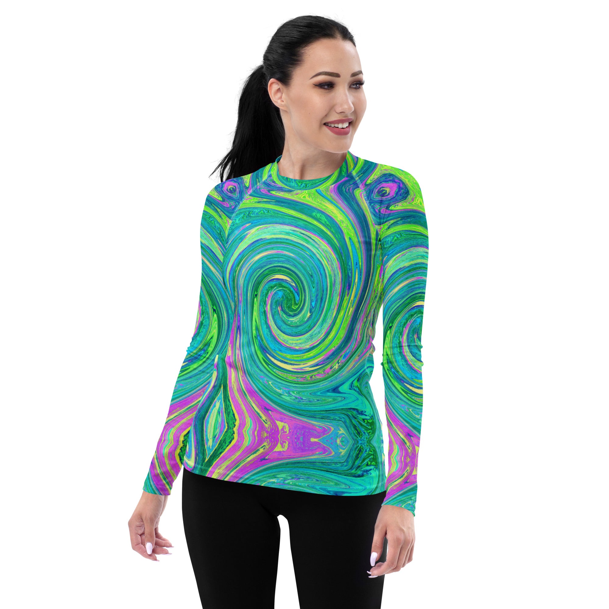 Women's Rash Guard Shirts - Groovy Abstract Retro Aquamarine Swirl