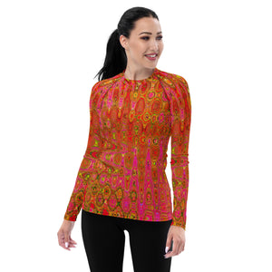 Women's Rash Guard Shirts | Cool Abstract Red and Yellow Atomic Retro Zigzags