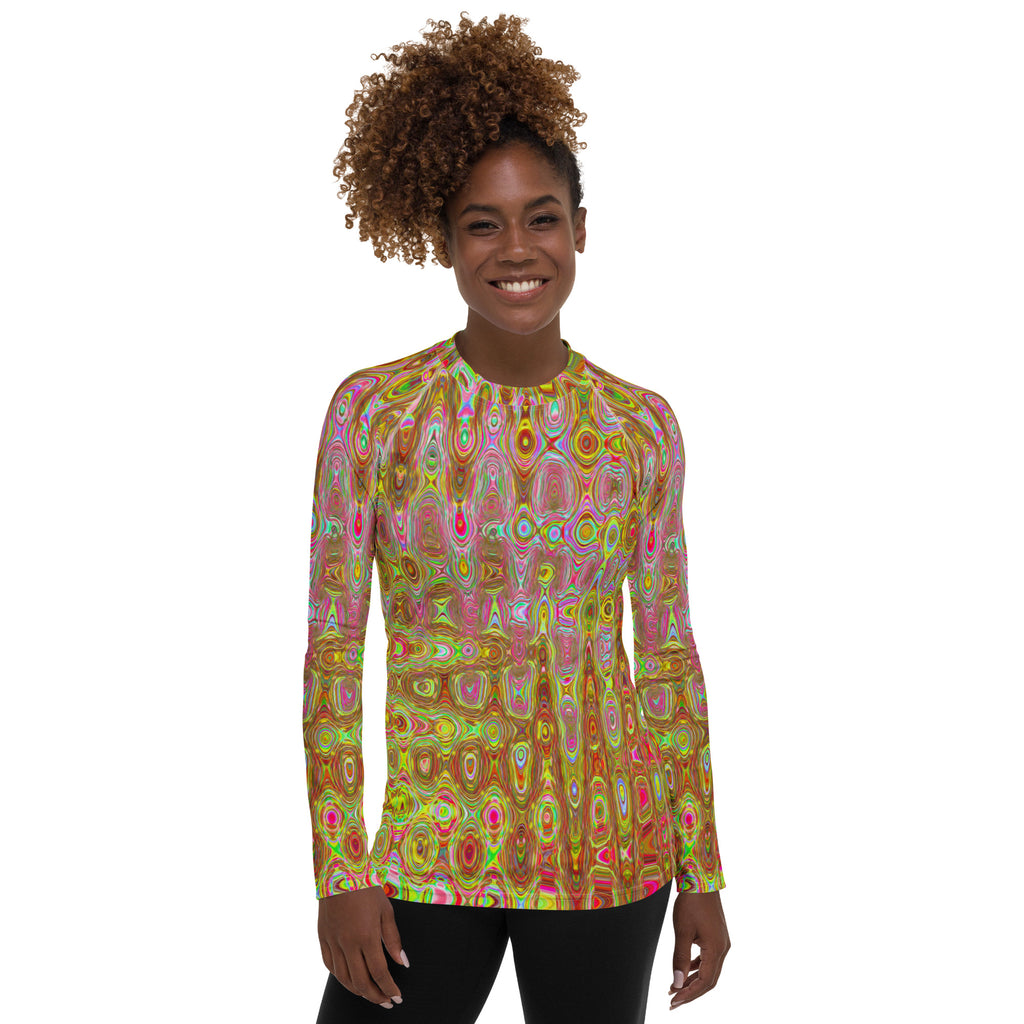 Women's Rash Guard Shirts | Cool Abstract Yellow and Gold Atomic Retro Zigzags