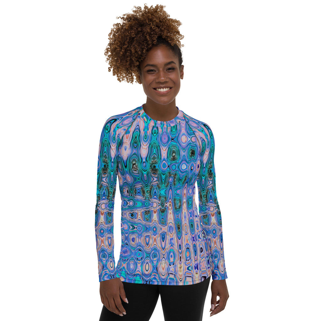 Women's Rash Guard Shirts | Cool Abstract Blue and Brown Atomic Retro Zigzags