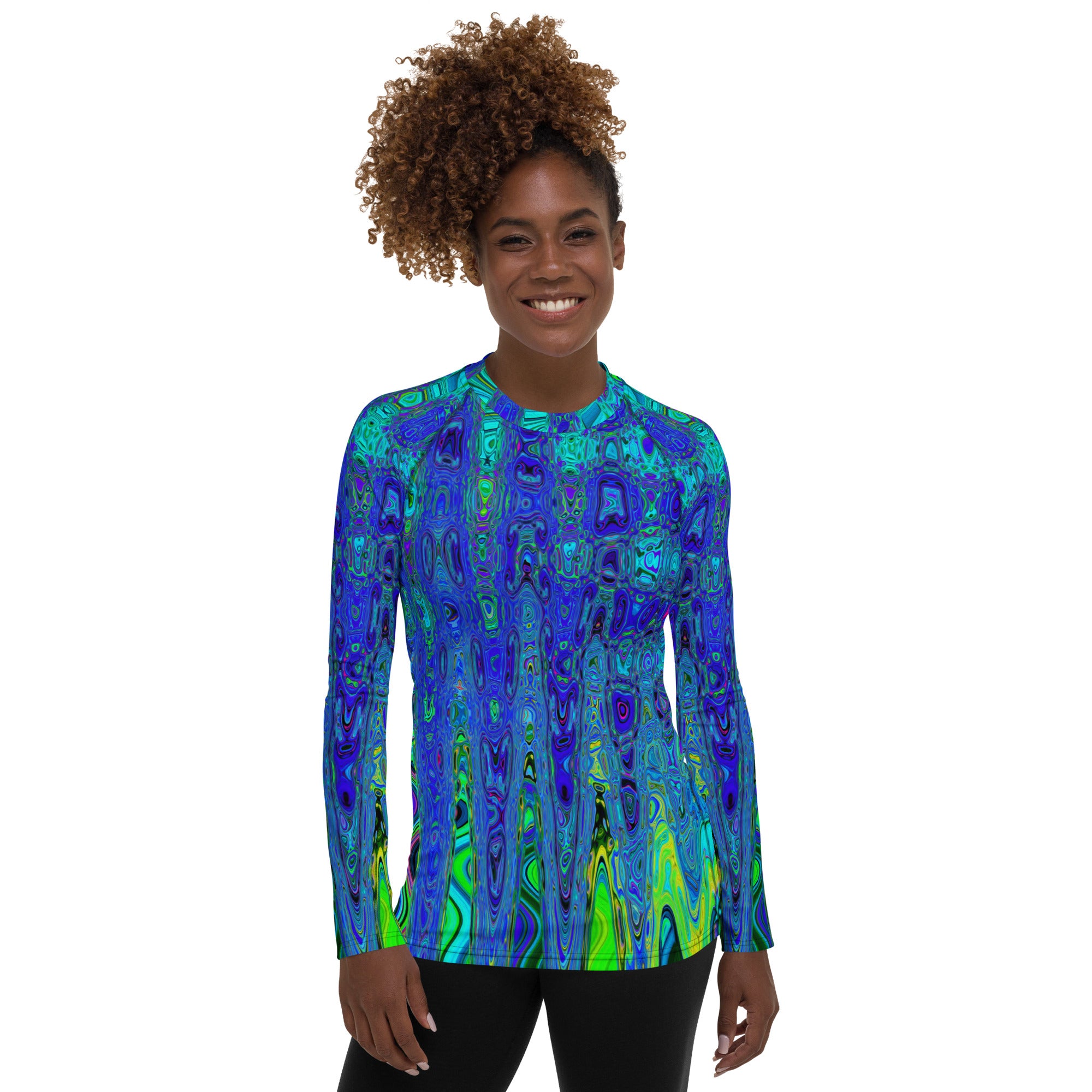 Women's Rash Guard Shirts | Trippy Violet Blue Abstract Retro Atomic Waves