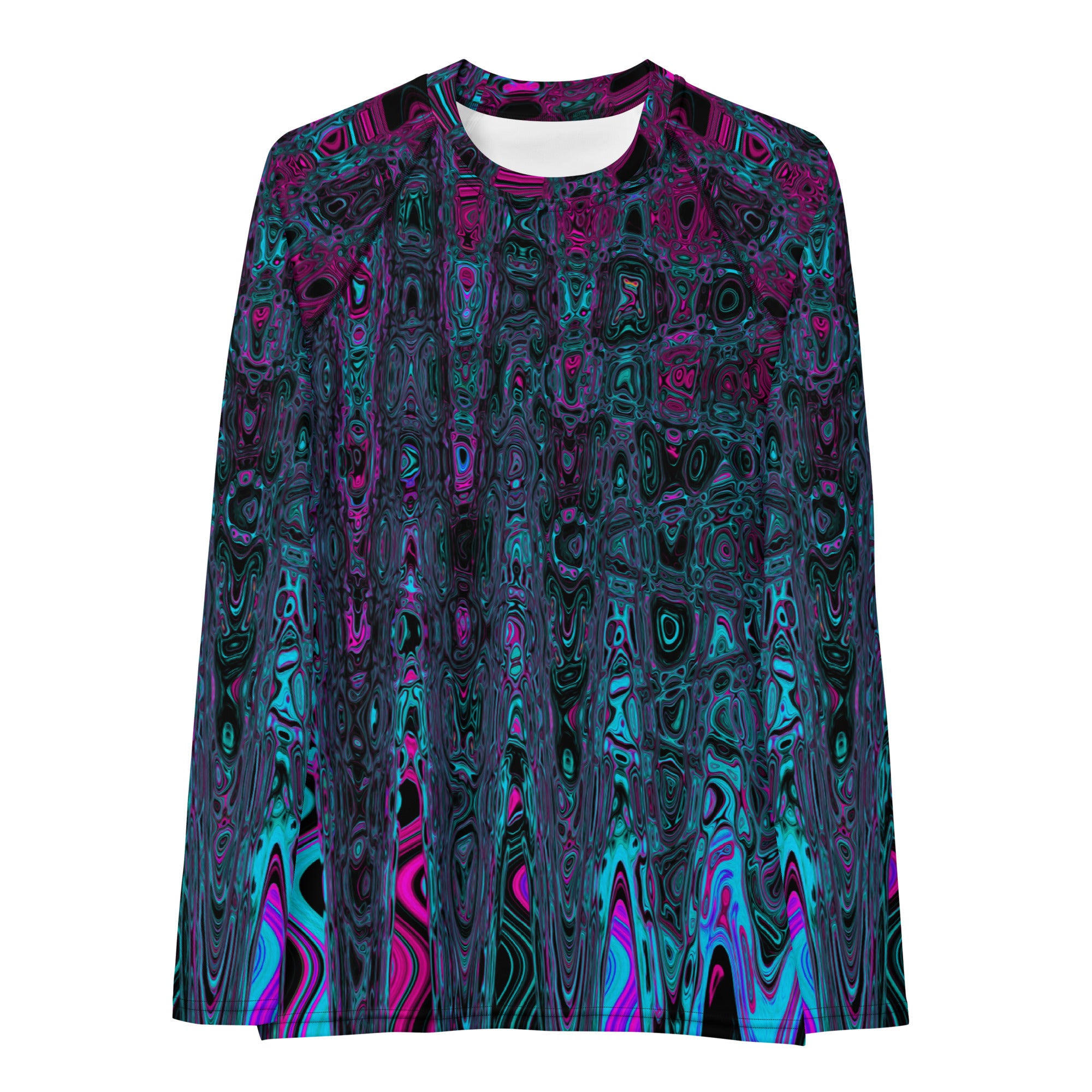 Women's Rash Guard Shirts | Retro Aqua Magenta and Black Abstract Atomic Waves