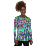 Women's Rash Guard Shirts | Abstract Green and Purple Wavy Mosaic Retro