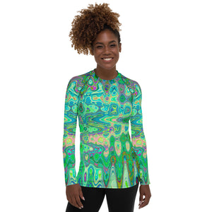 Women's Rash Guard Shirts | Abstract Colorful Green Wavy Mosaic Retro