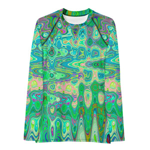 Women's Rash Guard Shirts | Abstract Colorful Green Wavy Mosaic Retro