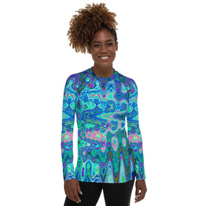 Women's Rash Guard Shirts | Abstract Colorful Blue Wavy Mosaic Retro