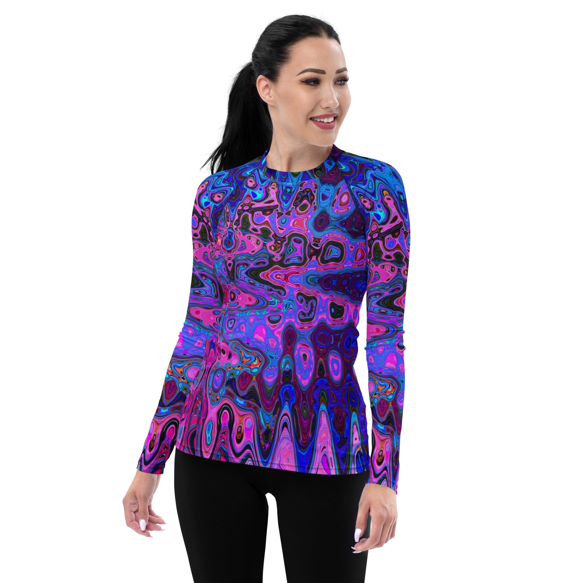 Women's Rash Guard Shirts | Abstract Mosaic Pink and Blue Wavy Retro