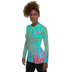 Women's Rash Guard Shirts | Groovy Abstract Retro Rainbow Atomic Waves
