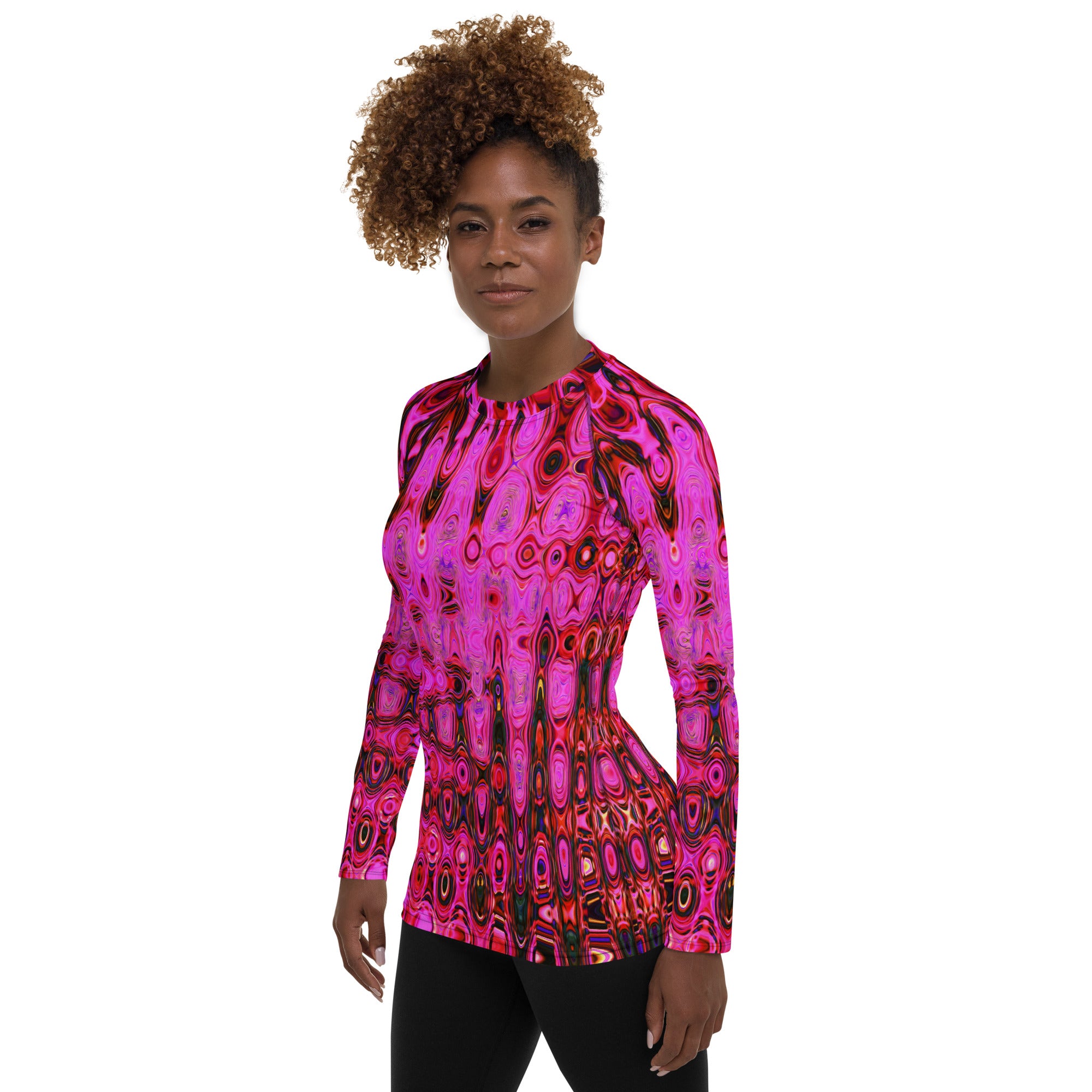 Women's Rash Guard Shirts | Cool Abstract Pink and Black Atomic Retro Zigzags