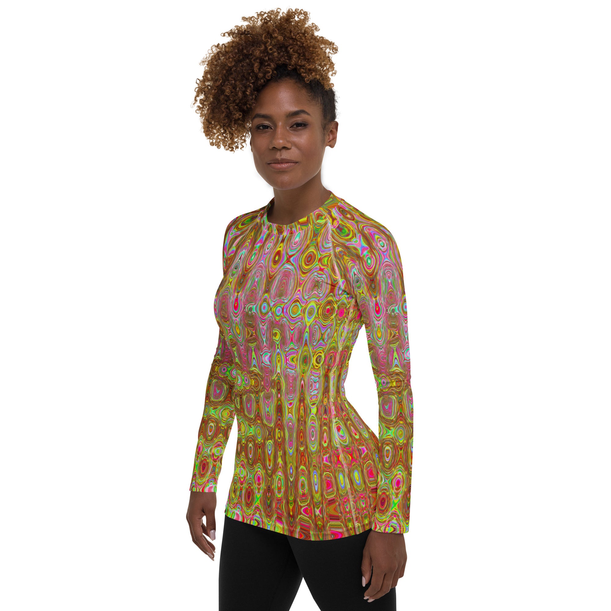 Women's Rash Guard Shirts | Cool Abstract Yellow and Gold Atomic Retro Zigzags