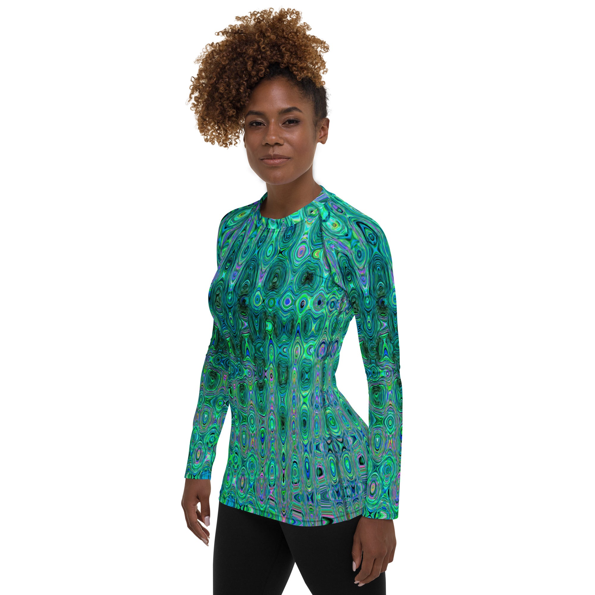 Women's Rash Guard Shirts | Cool Abstract Green and Black Atomic Retro Zigzags