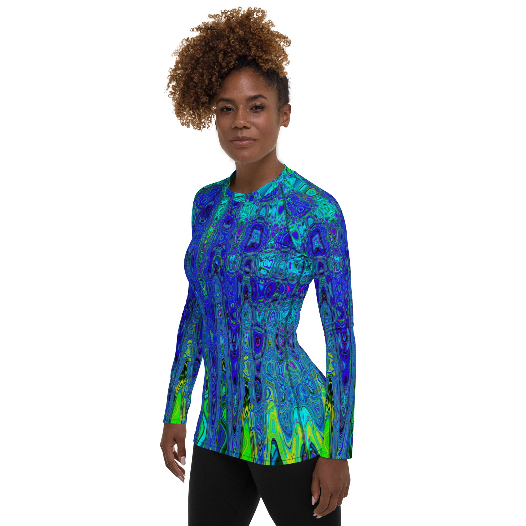 Women's Rash Guard Shirts | Trippy Violet Blue Abstract Retro Atomic Waves