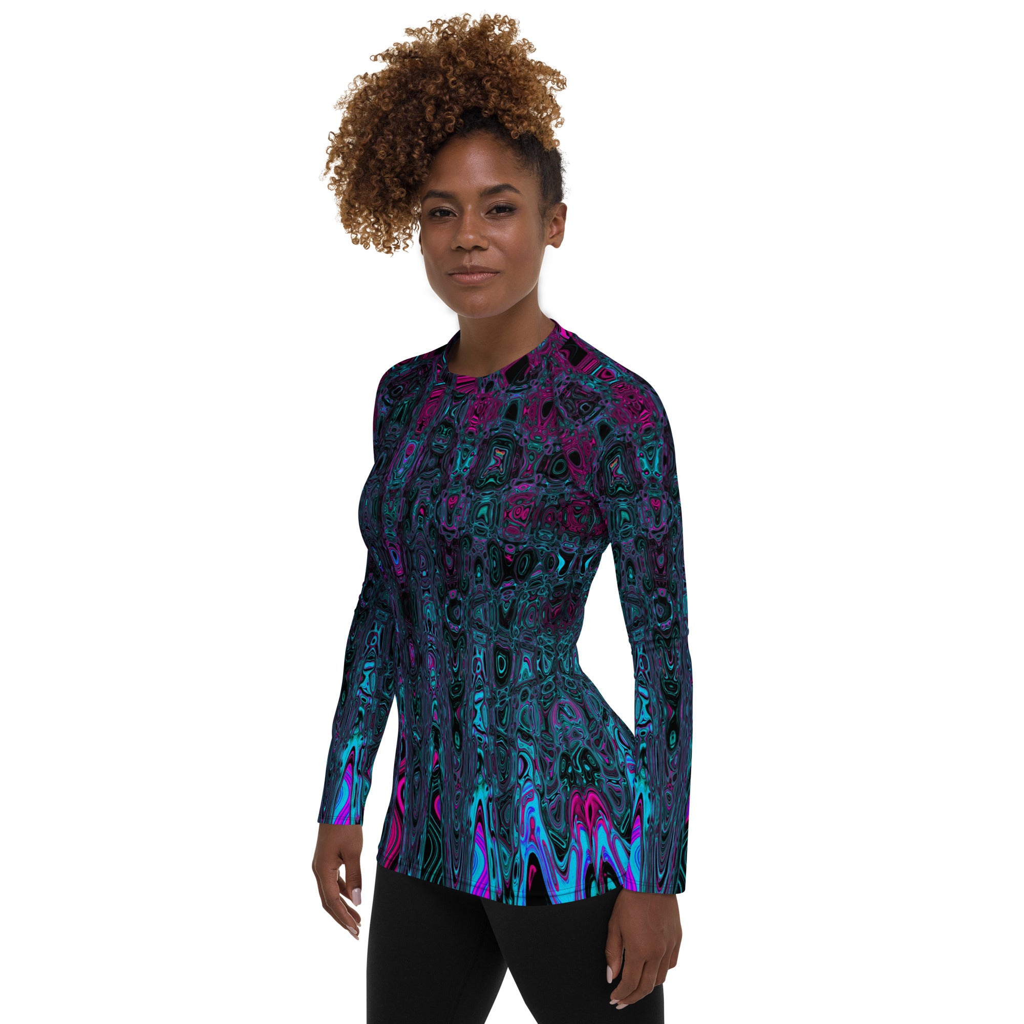 Women's Rash Guard Shirts | Retro Aqua Magenta and Black Abstract Atomic Waves