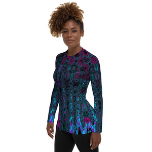 Women's Rash Guard Shirts | Retro Aqua Magenta and Black Abstract Atomic Waves