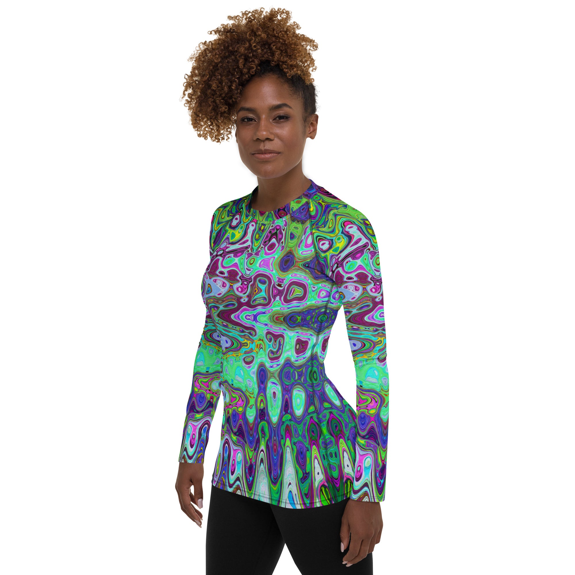 Women's Rash Guard Shirts | Abstract Green and Purple Wavy Mosaic Retro