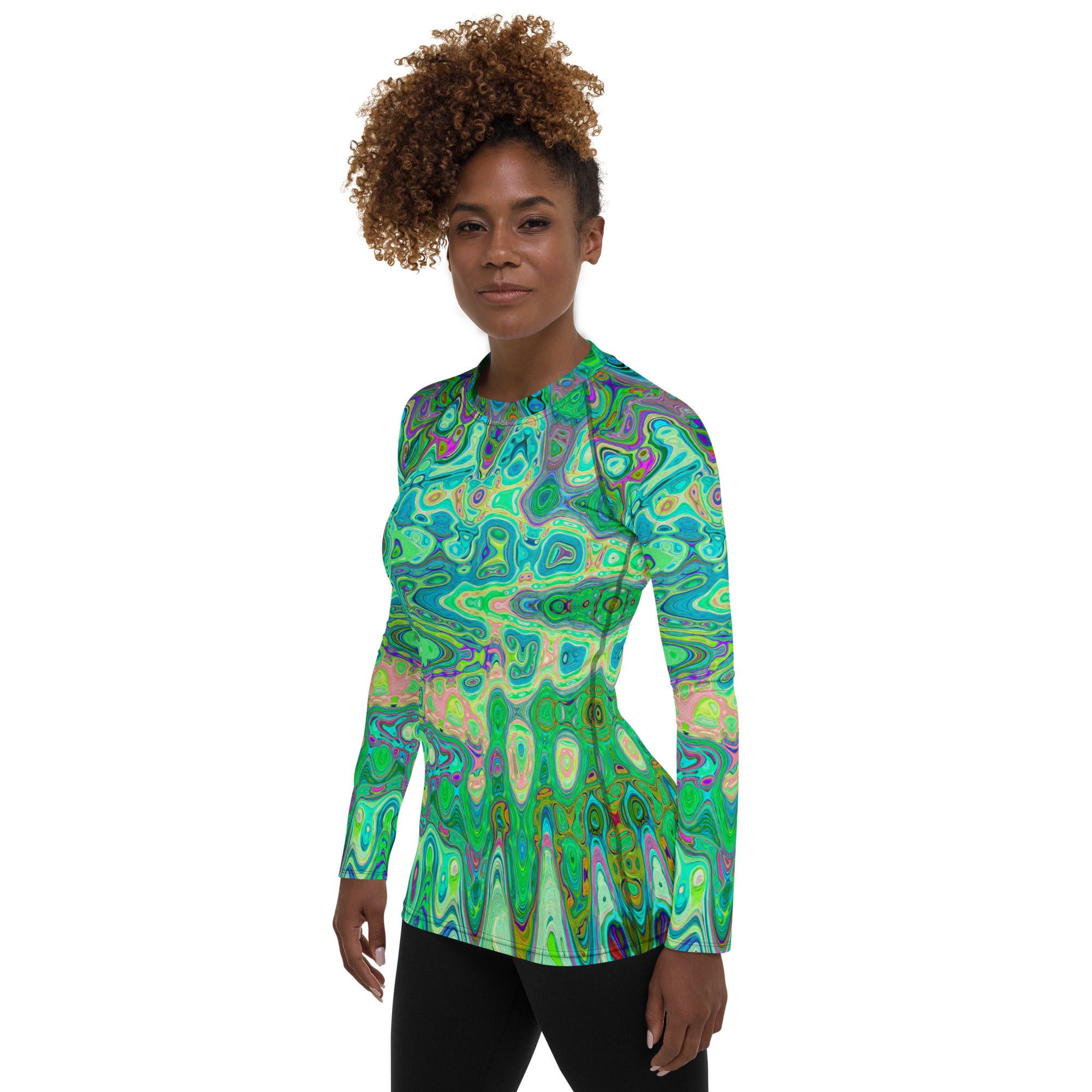 Women's Rash Guard Shirts | Abstract Colorful Green Wavy Mosaic Retro