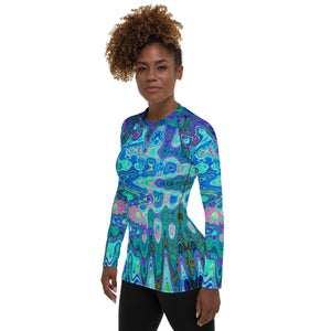 Women's Rash Guard Shirts | Abstract Colorful Blue Wavy Mosaic Retro