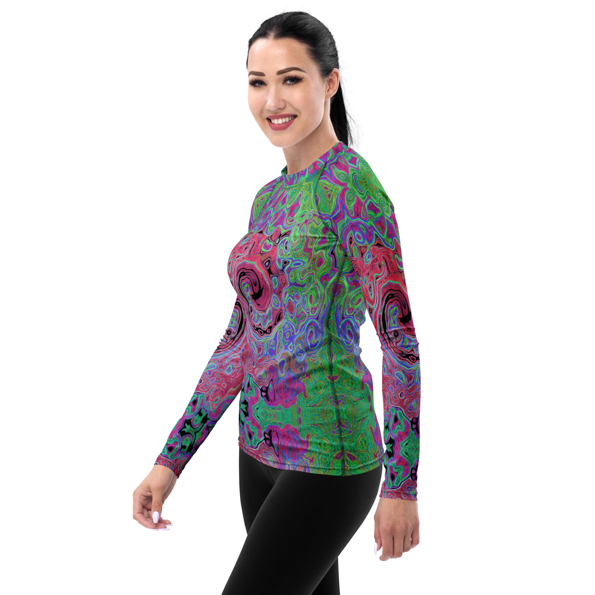 Women's Rash Guard Shirts - Pink and Lime Green Groovy Abstract Retro Swirl