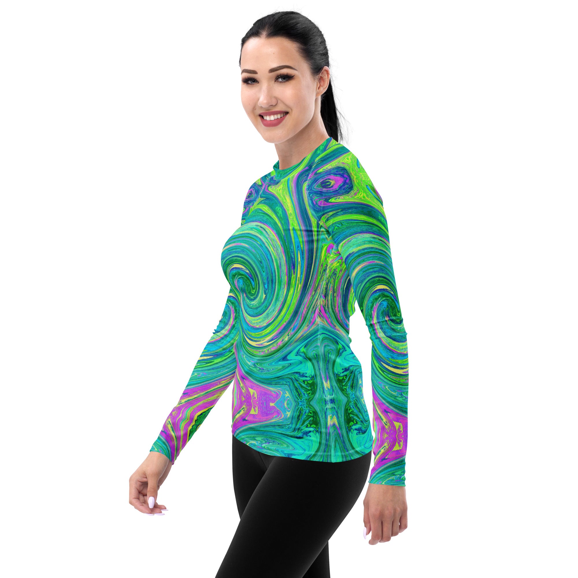 Women's Rash Guard Shirts - Groovy Abstract Retro Aquamarine Swirl