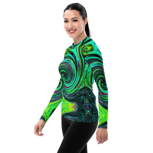 Women's Rash Guard Shirts - Groovy Abstract Retro Green and Magenta Swirl