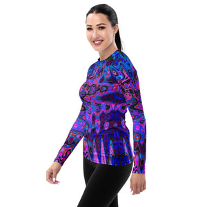 Women's Rash Guard Shirts | Abstract Mosaic Pink and Blue Wavy Retro