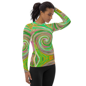 Women's Rash Guard Shirts - Groovy Abstract Retro Green and Hot Pink Swirl