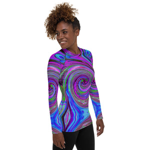 Women's Rash Guard Shirts - Colorful Magenta Swirl Retro Abstract Design