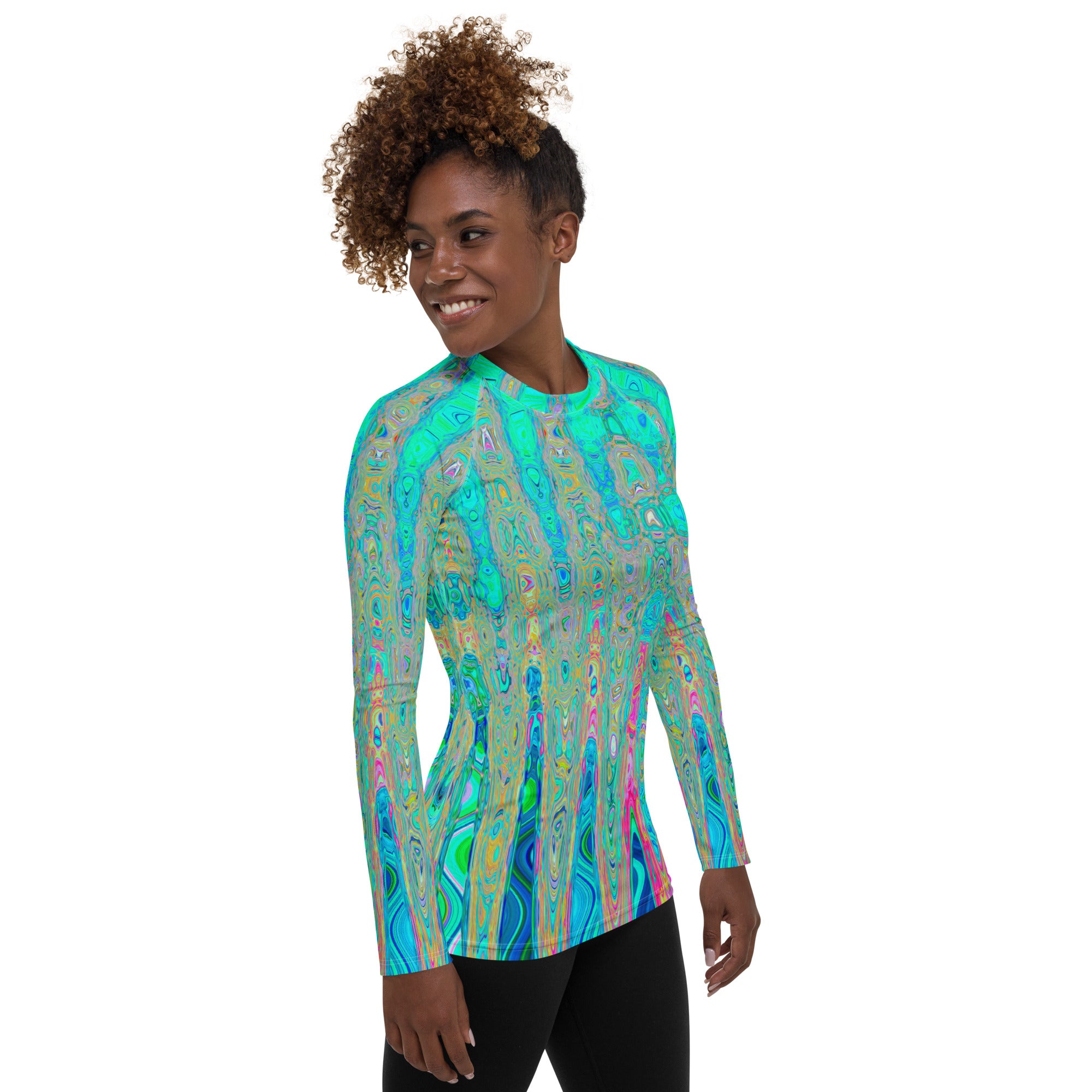 Women's Rash Guard Shirts | Groovy Abstract Retro Rainbow Atomic Waves