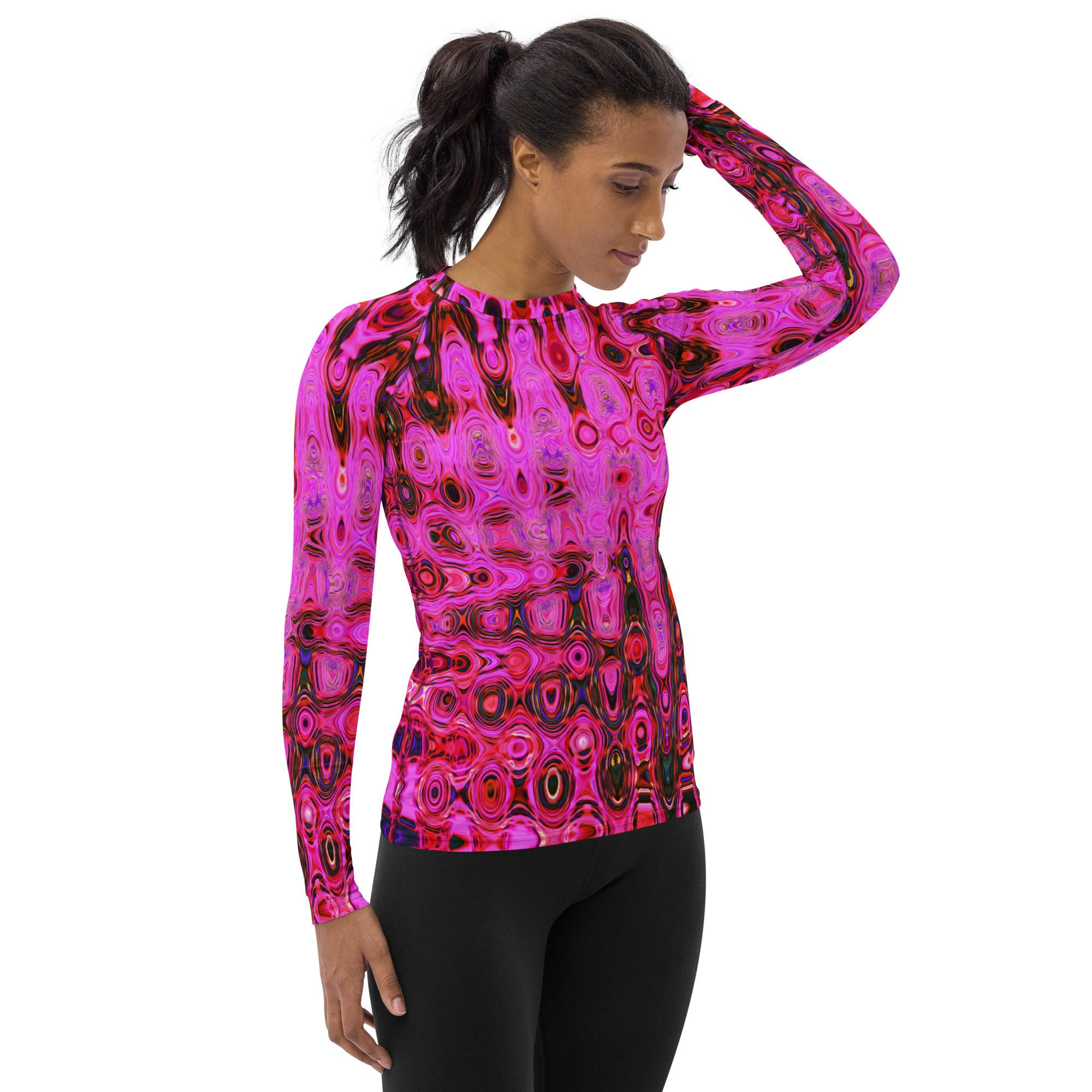 Women's Rash Guard Shirts | Cool Abstract Pink and Black Atomic Retro Zigzags