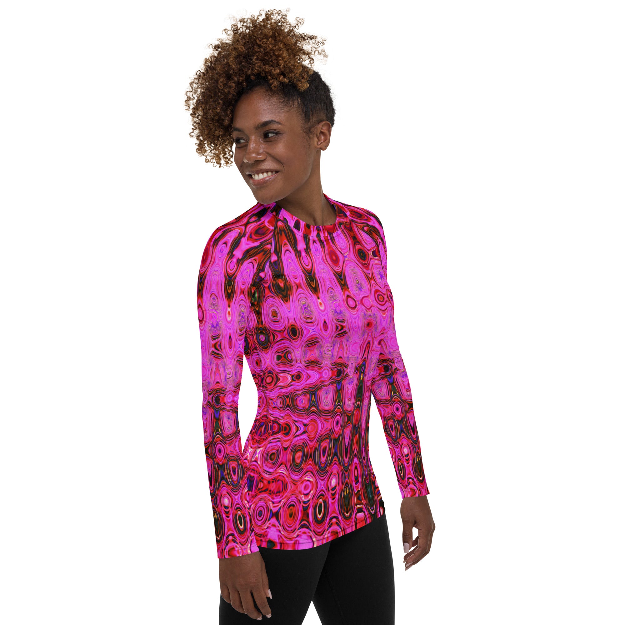 Women's Rash Guard Shirts | Cool Abstract Pink and Black Atomic Retro Zigzags