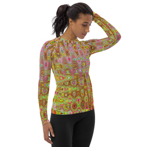 Women's Rash Guard Shirts | Cool Abstract Yellow and Gold Atomic Retro Zigzags