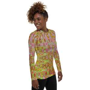 Women's Rash Guard Shirts | Cool Abstract Yellow and Gold Atomic Retro Zigzags