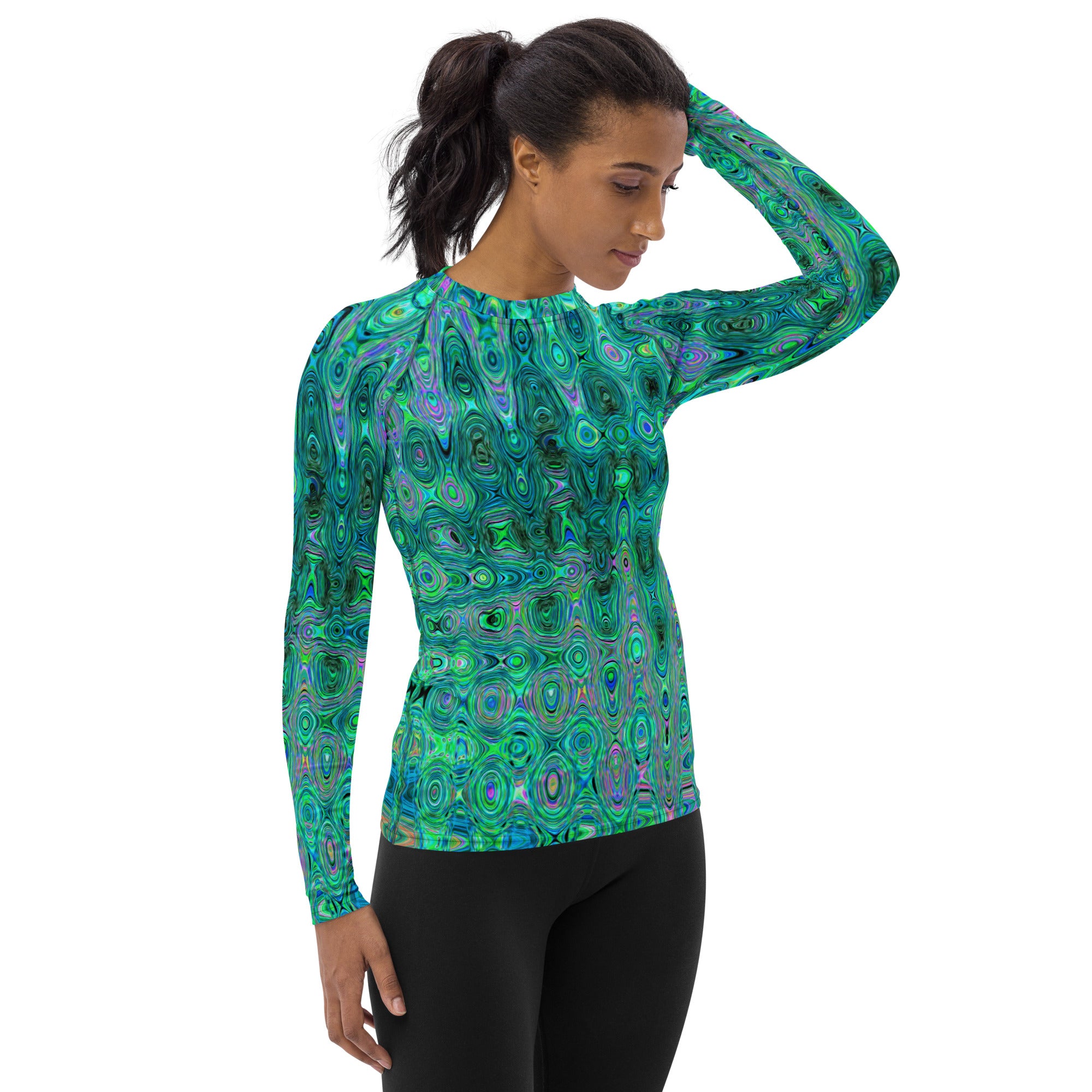 Women's Rash Guard Shirts | Cool Abstract Green and Black Atomic Retro Zigzags