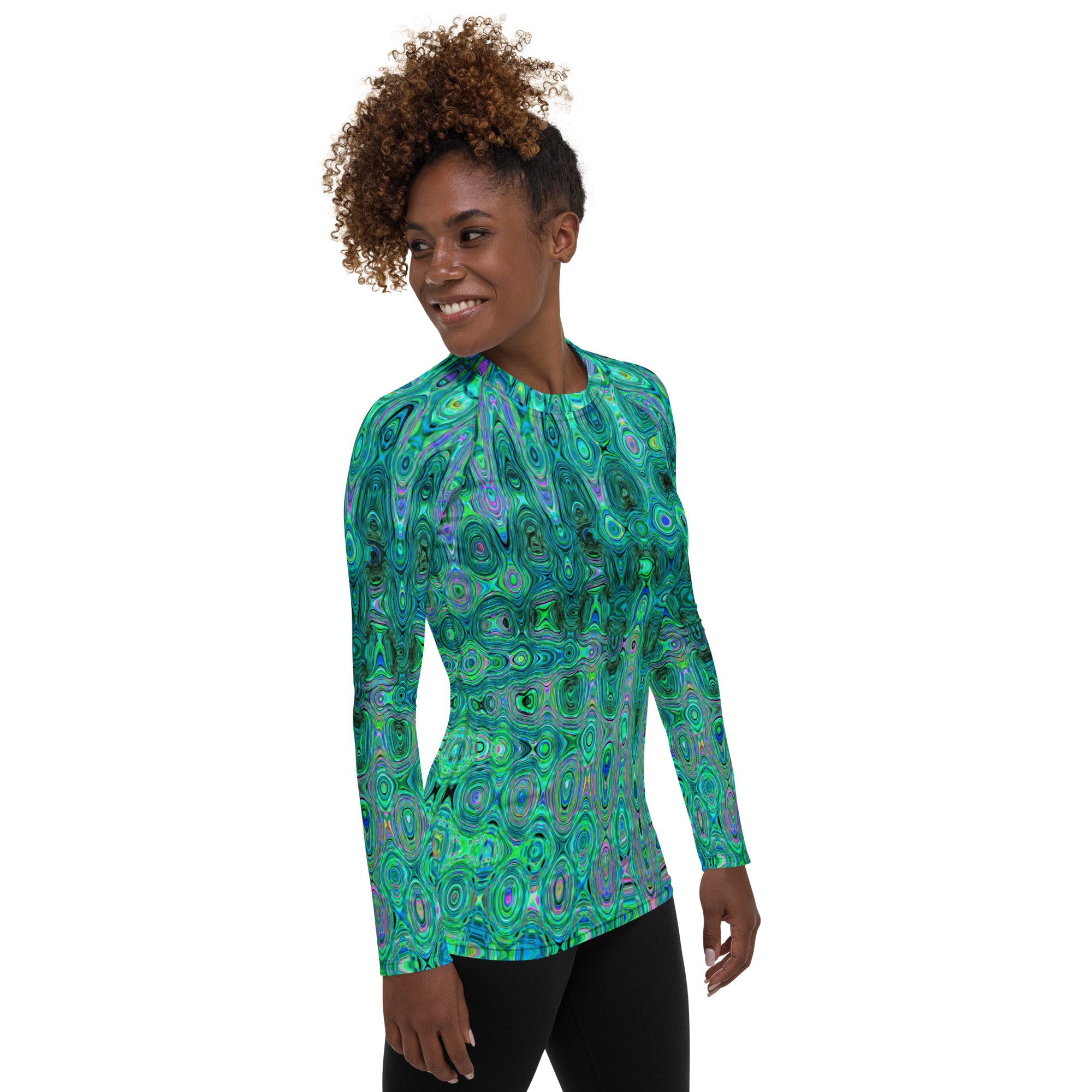 Women's Rash Guard Shirts | Cool Abstract Green and Black Atomic Retro Zigzags