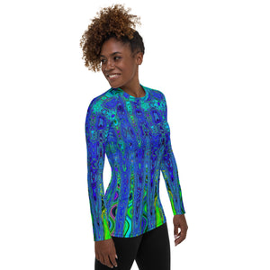 Women's Rash Guard Shirts | Trippy Violet Blue Abstract Retro Atomic Waves