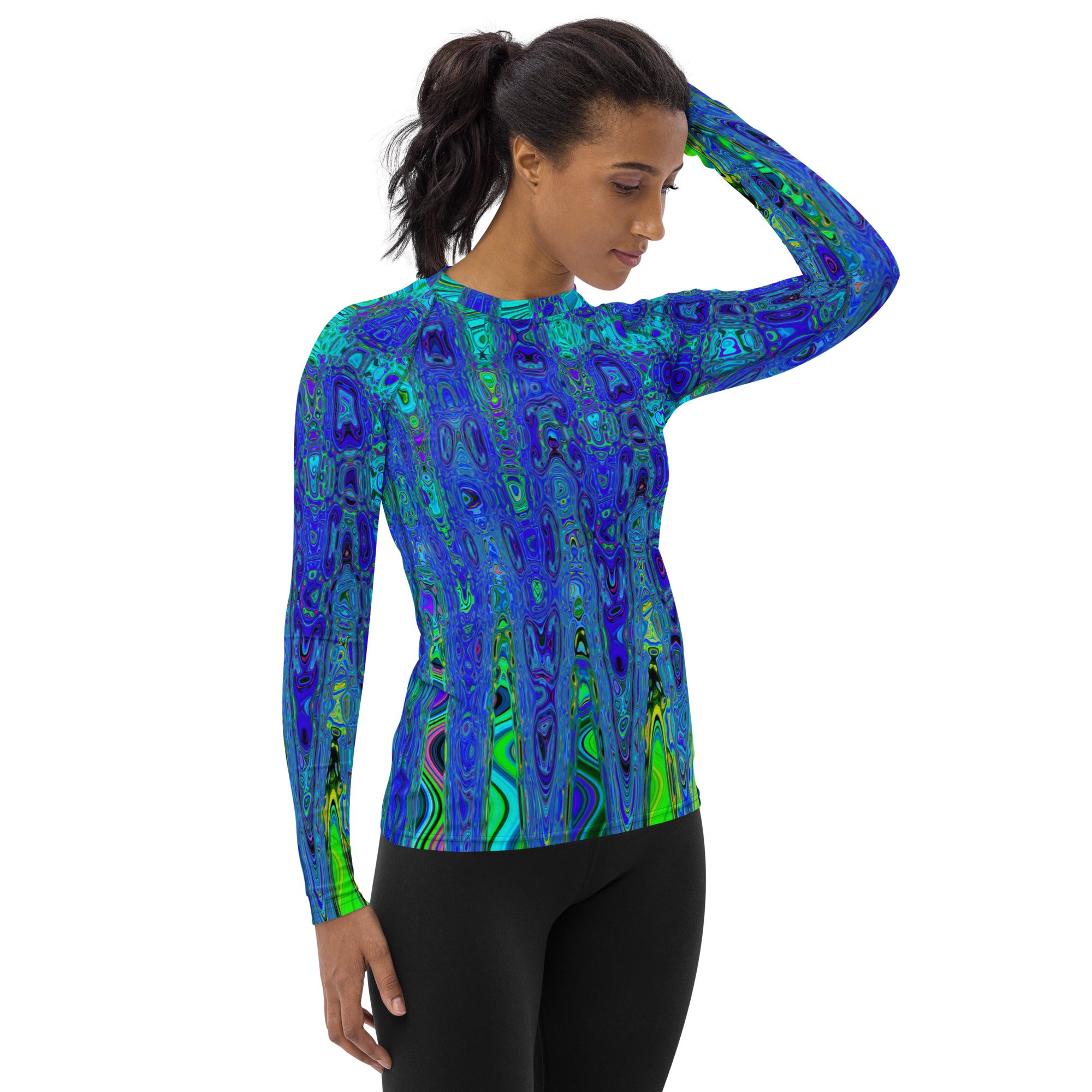 Women's Rash Guard Shirts | Trippy Violet Blue Abstract Retro Atomic Waves