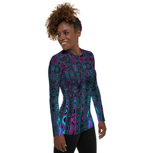 Women's Rash Guard Shirts | Retro Aqua Magenta and Black Abstract Atomic Waves